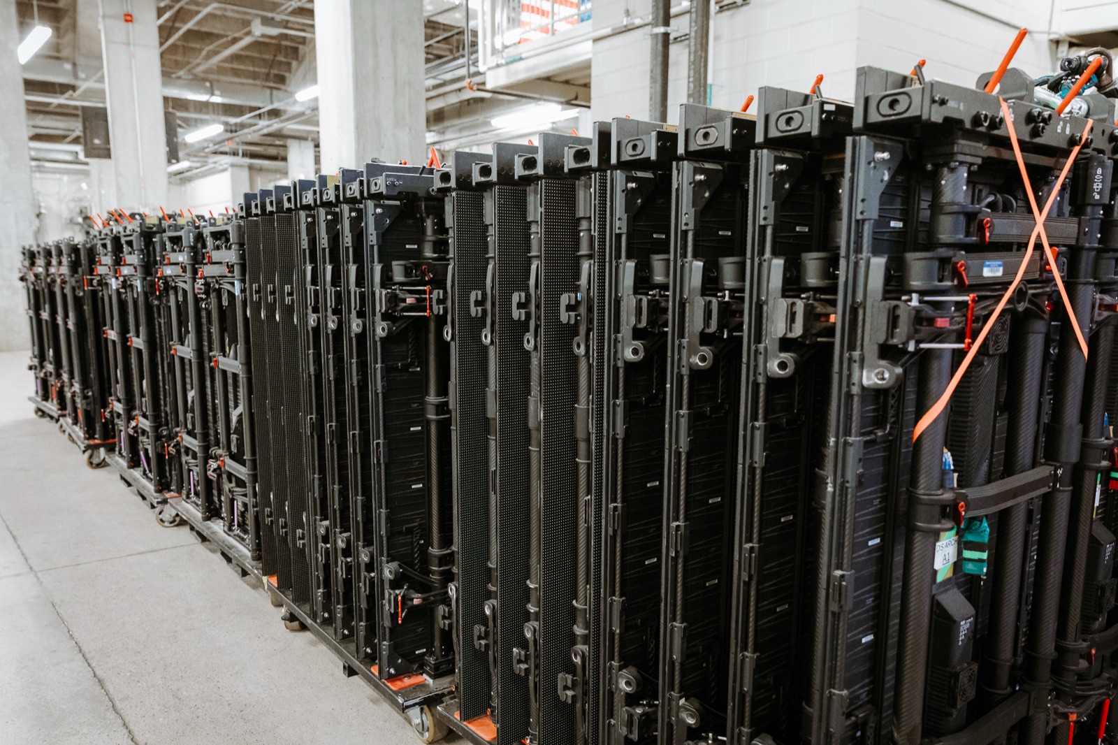 Stacked flight cases in the loading bay
